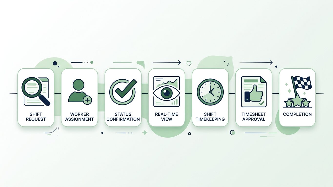 Infographic showing a step-by-step workflow for how agencies give clients visibility into temporary shift fulfilment requests