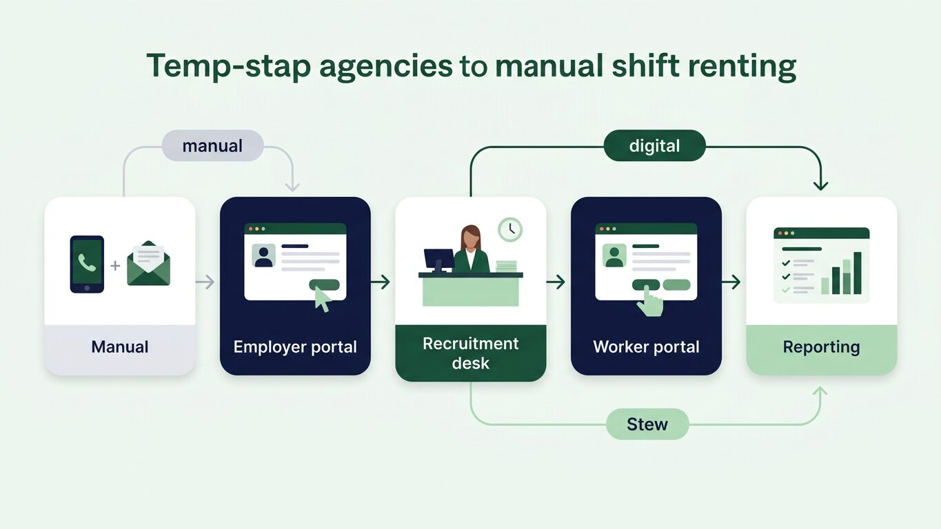 Infographic showing how agencies replace phone and email for shift requests with a digital workflow.