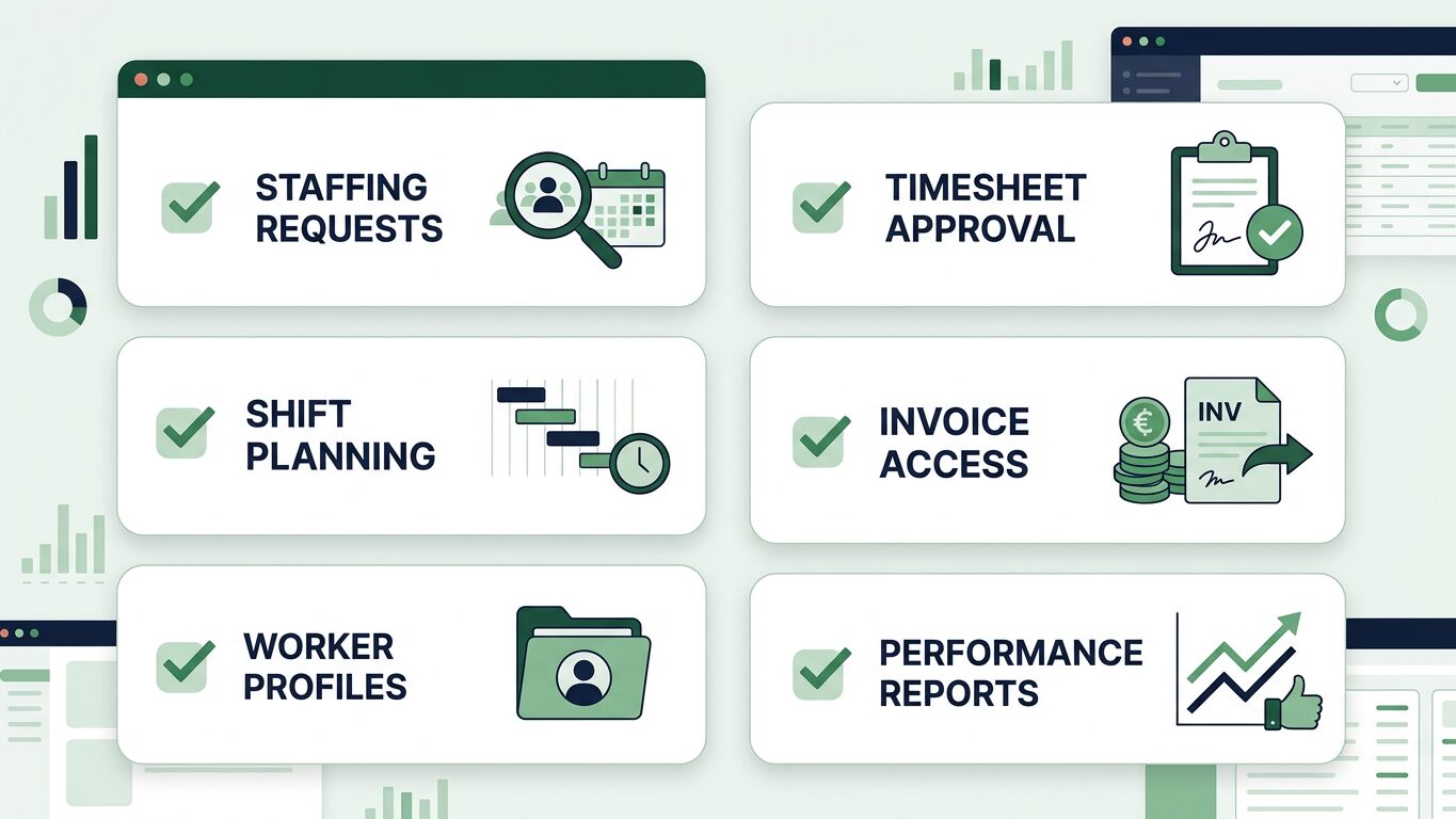 Checklist for employers evaluating a temporary staffing client portal, covering ease of use, data, and security.