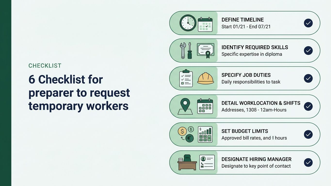 Infographic checklist for employers requesting temporary workers, detailing essential information for agencies.