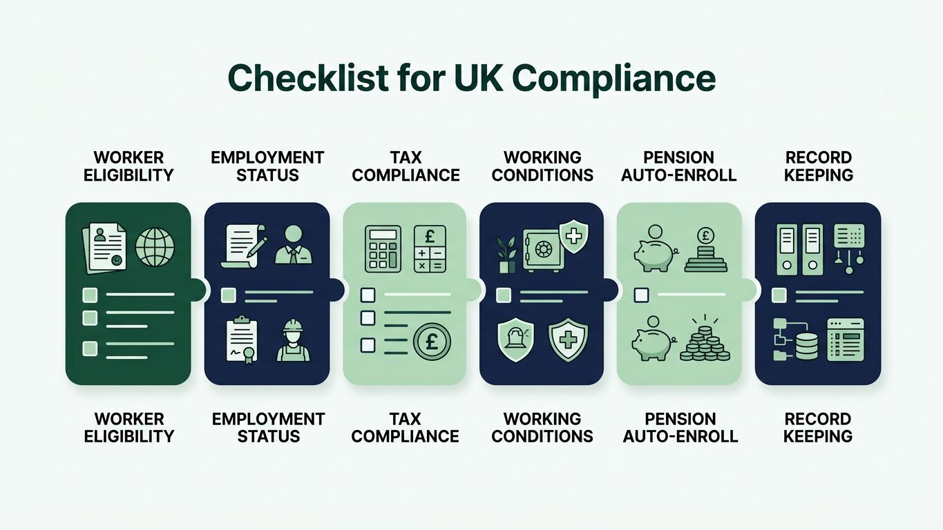 Checklist for employers on temp staffing compliance and worker credential verification.