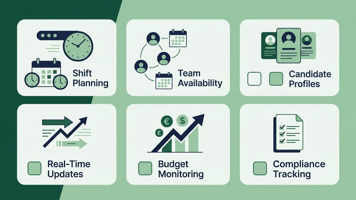 Checklist graphic detailing key features for an employer's temporary staffing dashboard.