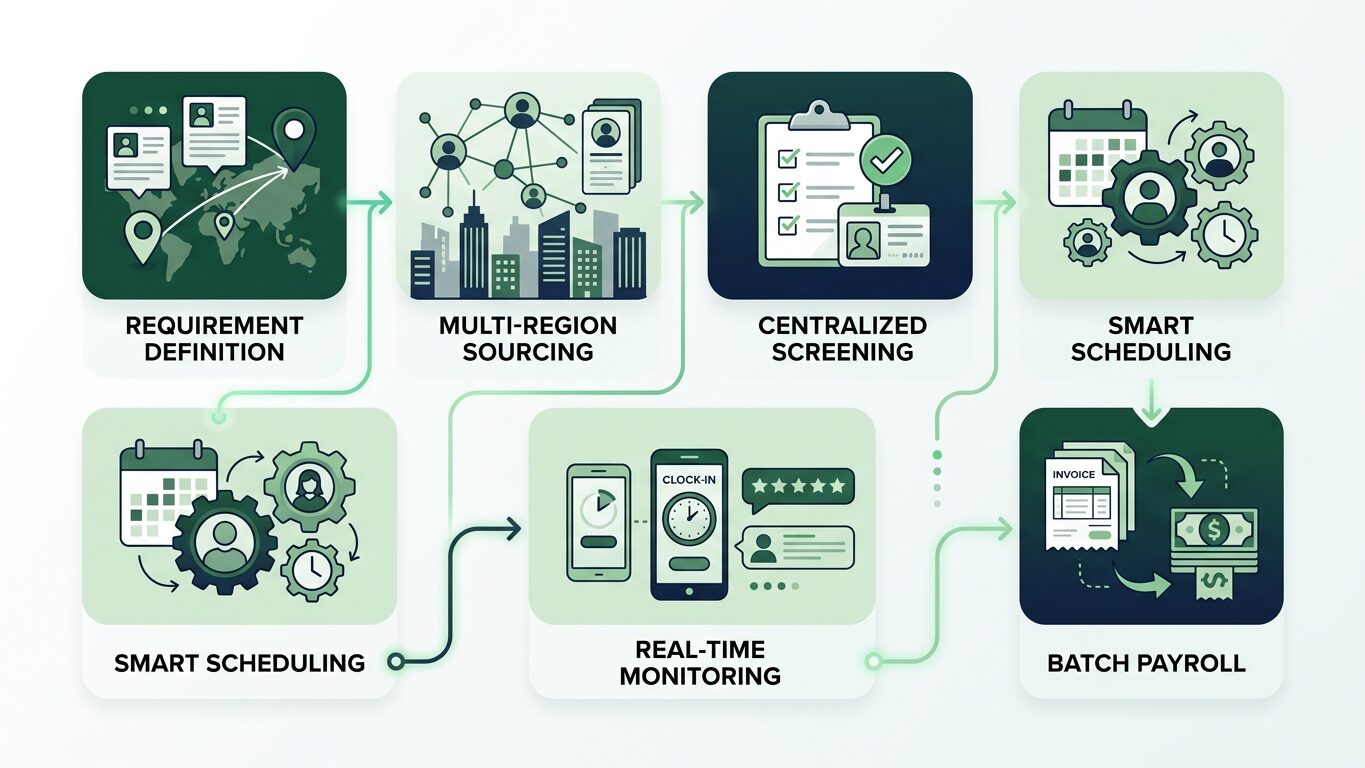 Infographic outlining steps for agencies to streamline multi-location temporary staffing, from worker consolidation to timesh