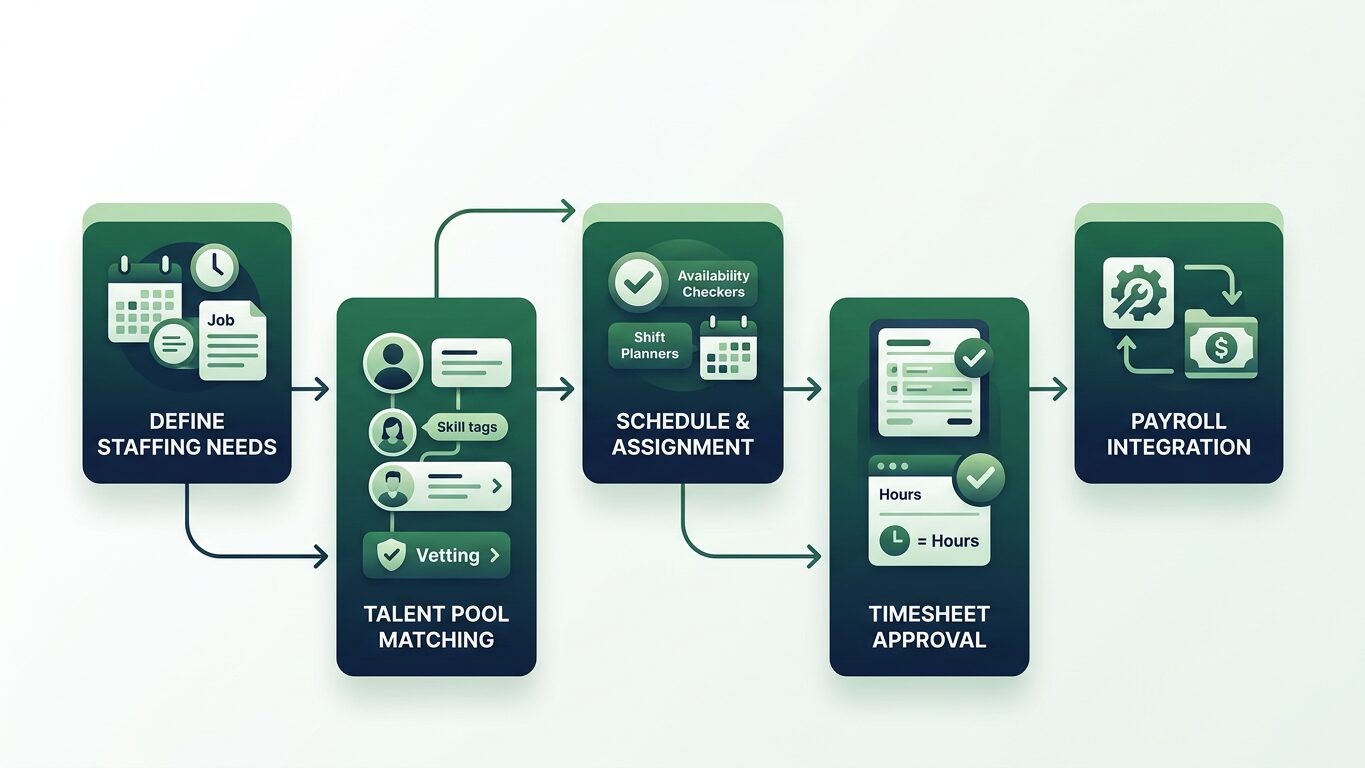 Infographic showing the step-by-step workflow of how temporary staffing agencies work with employers.