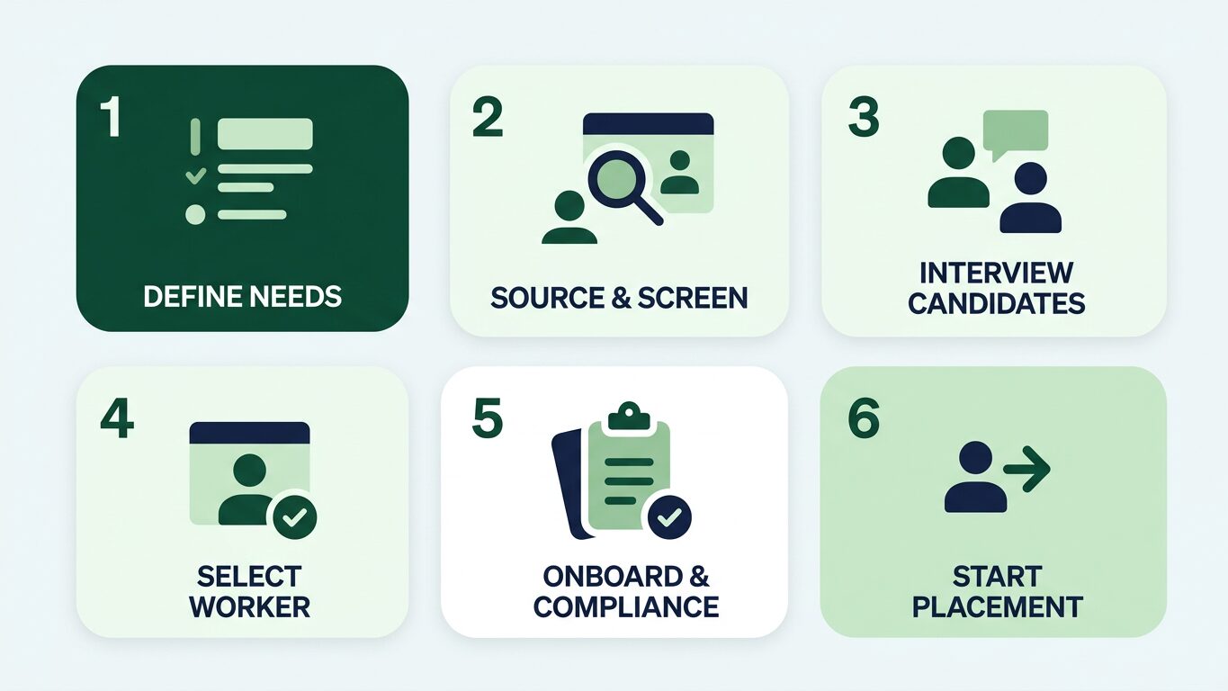 Infographic showing the step-by-step workflow for fulfilling a temporary staffing request, from employer to worker.