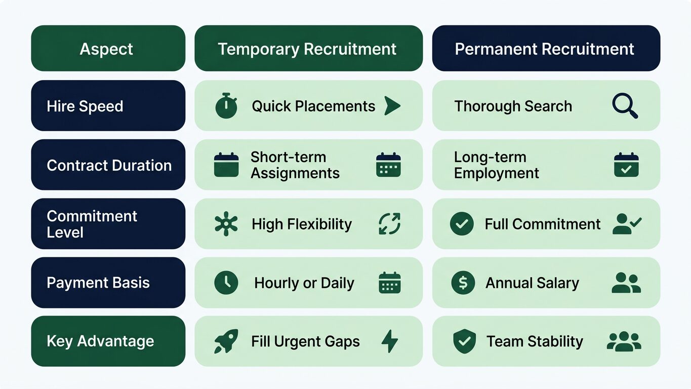 Infographic comparing the key difference between temporary recruitment and permanent recruitment across operational, complian