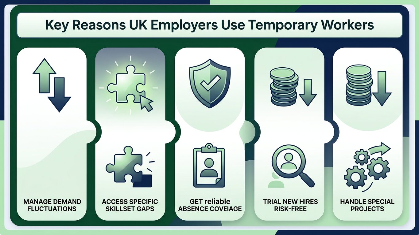 Infographic showing the top reasons UK employers use temporary workers for operational flexibility.